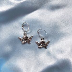 Silver Angel Wing Cherub Huggies Earrings